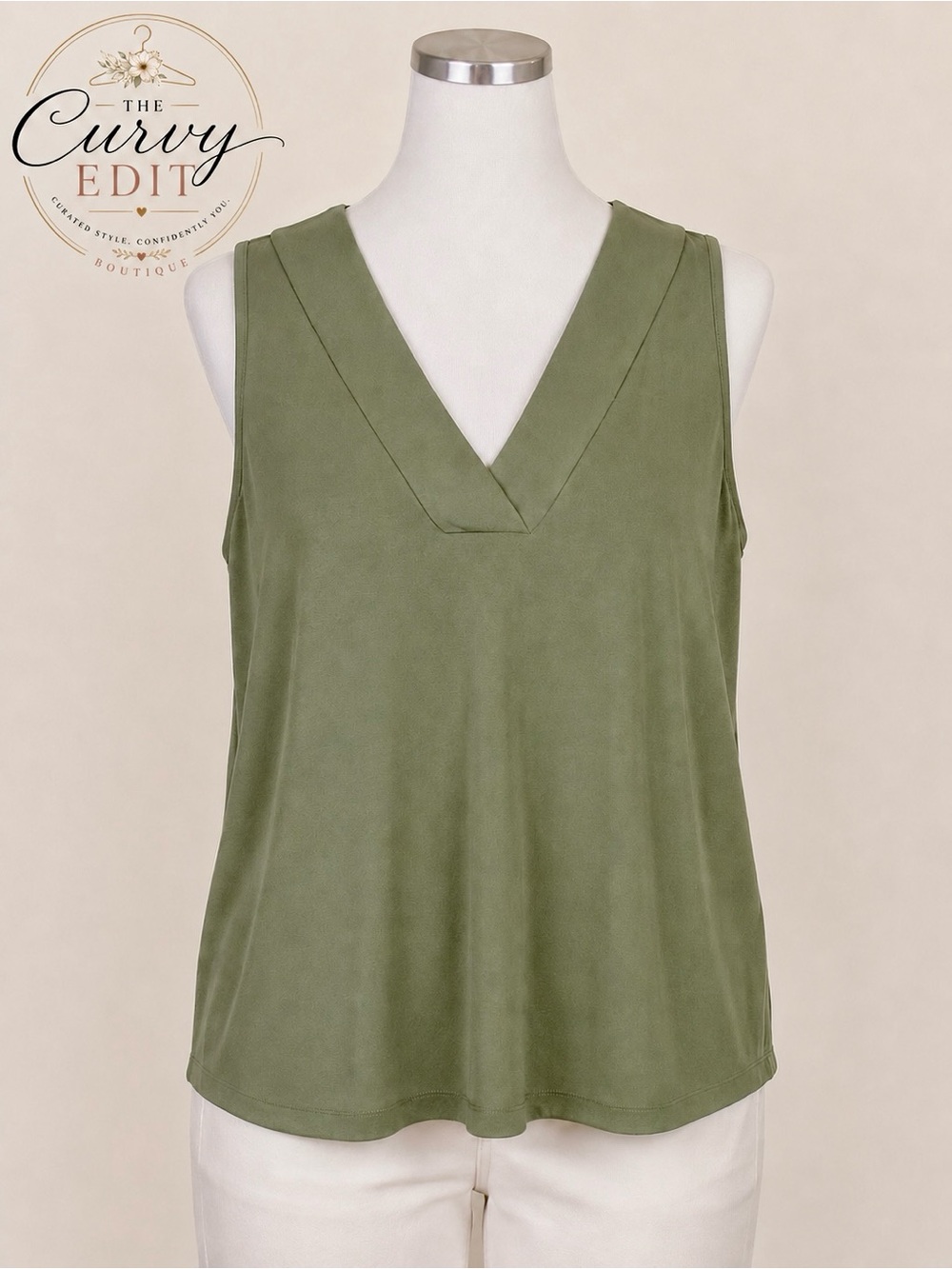 Chico’s Olive Green Sleeveless V-Neck Top | Soft Stretch Tank | Size 4 (XXL)